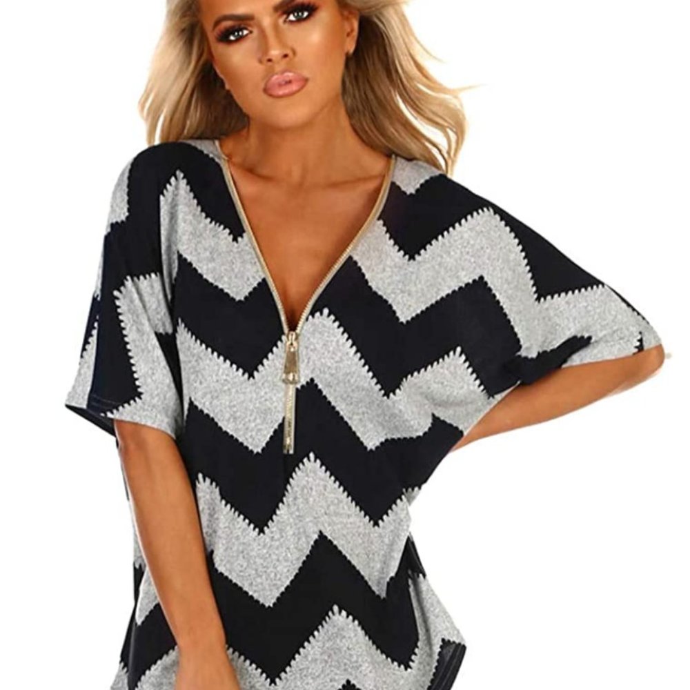 Women's Geometric Zipper Blouse